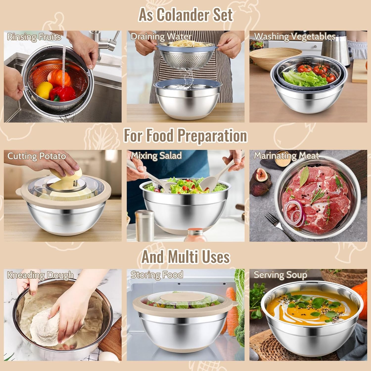 4-In-1 Stainless Steel Colander with Bowl Set, Rotatable Strainers for Kitchen, Fruit Cleaner, Washing Fruit & Draining Pasta, Mixing Bowl and Lid with Grater for Salad, Khaki