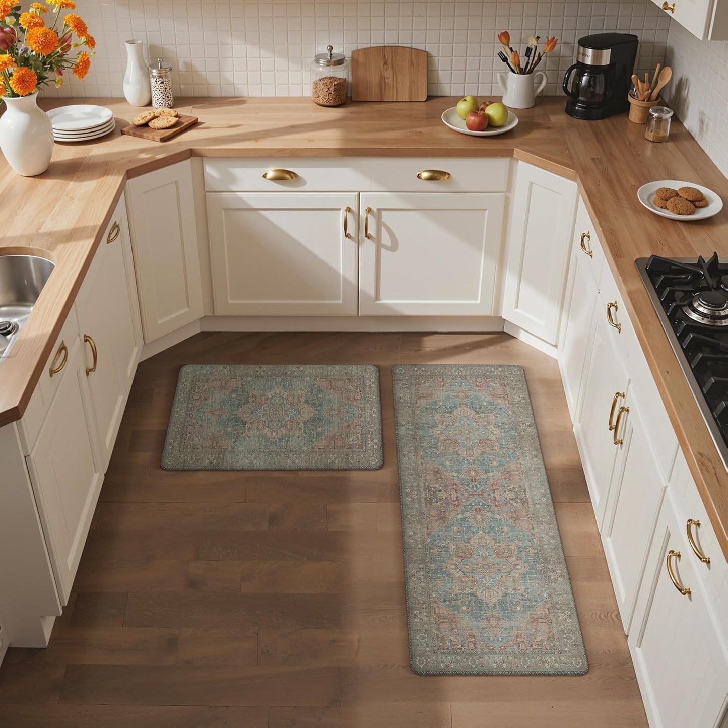 Kitchen Mats for Floor, 2PCS Kitchen Rugs Non Slip Washable, Waterproof anti Fatigue Mat, Comfort Standing Runner Rug for Sink, Office, Laundry, Home, 17.3"X47"+17.3"X30", Red&Brown