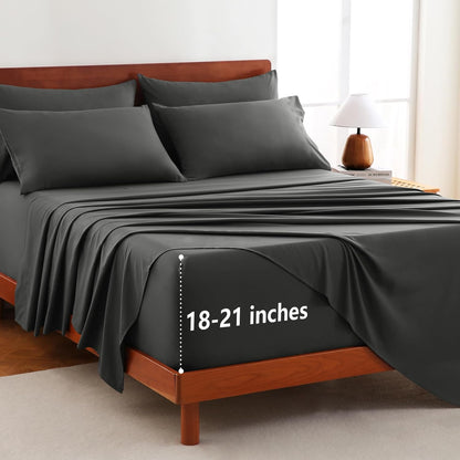 Extra Deep Pocket King Sheets - 6 Piece Sheet Set - Fits up to 21 Inches Thick Mattresses - Luxury Bedding Set - Breathable Bed Sheets & Pillowcases - Easy & Secure Fit - Dark Grey, King Size
