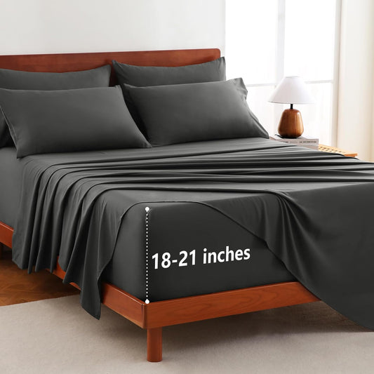 Extra Deep Pocket King Sheets - 6 Piece Sheet Set - Fits up to 21 Inches Thick Mattresses - Luxury Bedding Set - Breathable Bed Sheets & Pillowcases - Easy & Secure Fit - Dark Grey, King Size