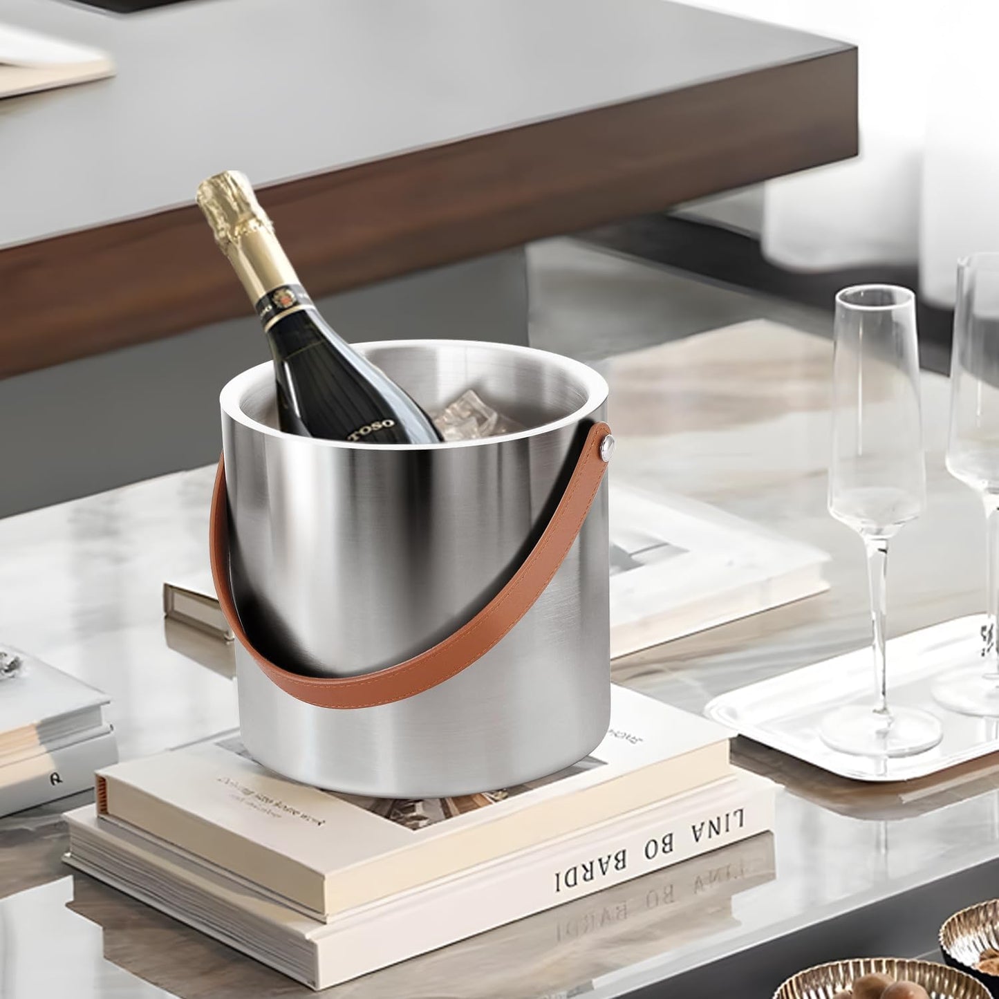 Double-Wall Vacuum Insulated Ice Bucket with Lid, Scoop, Ice Tong, Strainer & Leather Handle Keep Ice Frozen Longer Large Wine Ice Buckets for Cocktail Bar,Parties Chilling Beer Champagne 3L