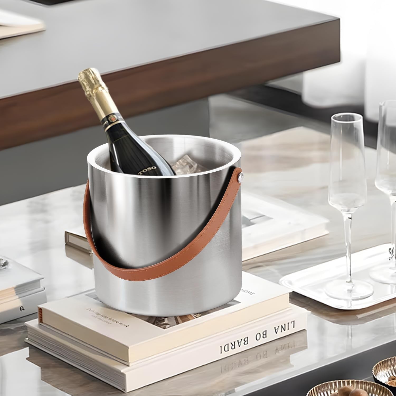 Double-Wall Vacuum Insulated Ice Bucket with Lid, Scoop, Ice Tong, Strainer & Leather Handle Keep Ice Frozen Longer Large Wine Ice Buckets for Cocktail Bar,Parties Chilling Beer Champagne 3L