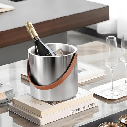 Double-Wall Vacuum Insulated Ice Bucket with Lid, Scoop, Ice Tong, Strainer & Leather Handle Keep Ice Frozen Longer Large Wine Ice Buckets for Cocktail Bar,Parties Chilling Beer Champagne 3L