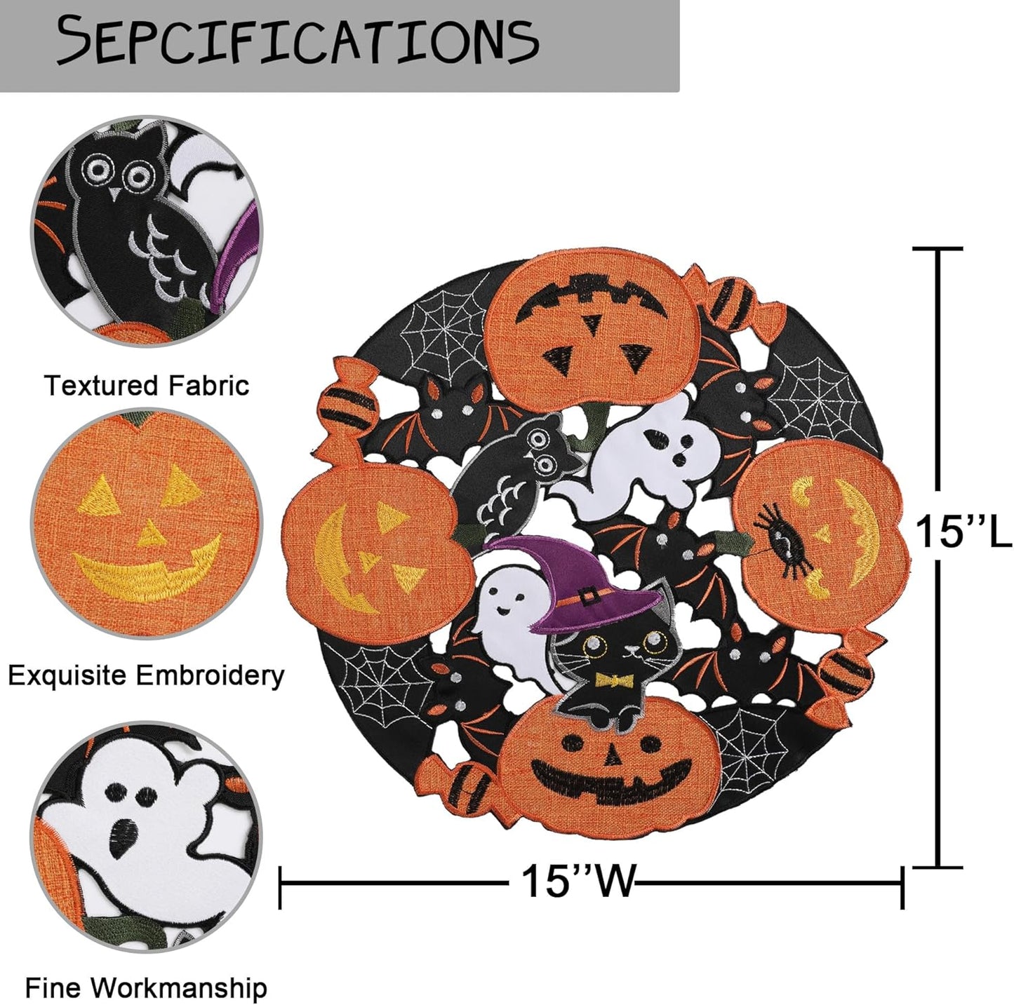 Halloween Placemats Set of 4, Embroidered Black round Placemats 15 Inches, Thanksgiving Fall Pumpkins Table Decorations for Kitchen & Dining Room, Gnomes Table Mats