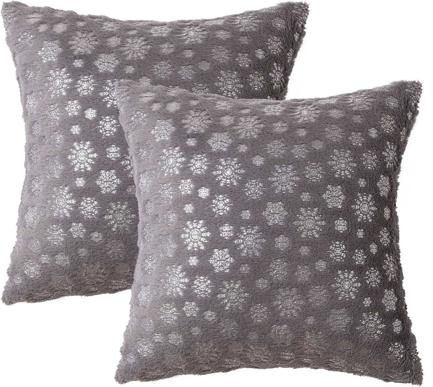 Christmas Grey Throw Pillow Covers Set of 2 Snowflakes Decorative Winter Couch Pillowcases 18×18 Inch Soft Plush Faux Fur Farmhouse Home Holiday Festival Decors for Sofa Living Room Bed