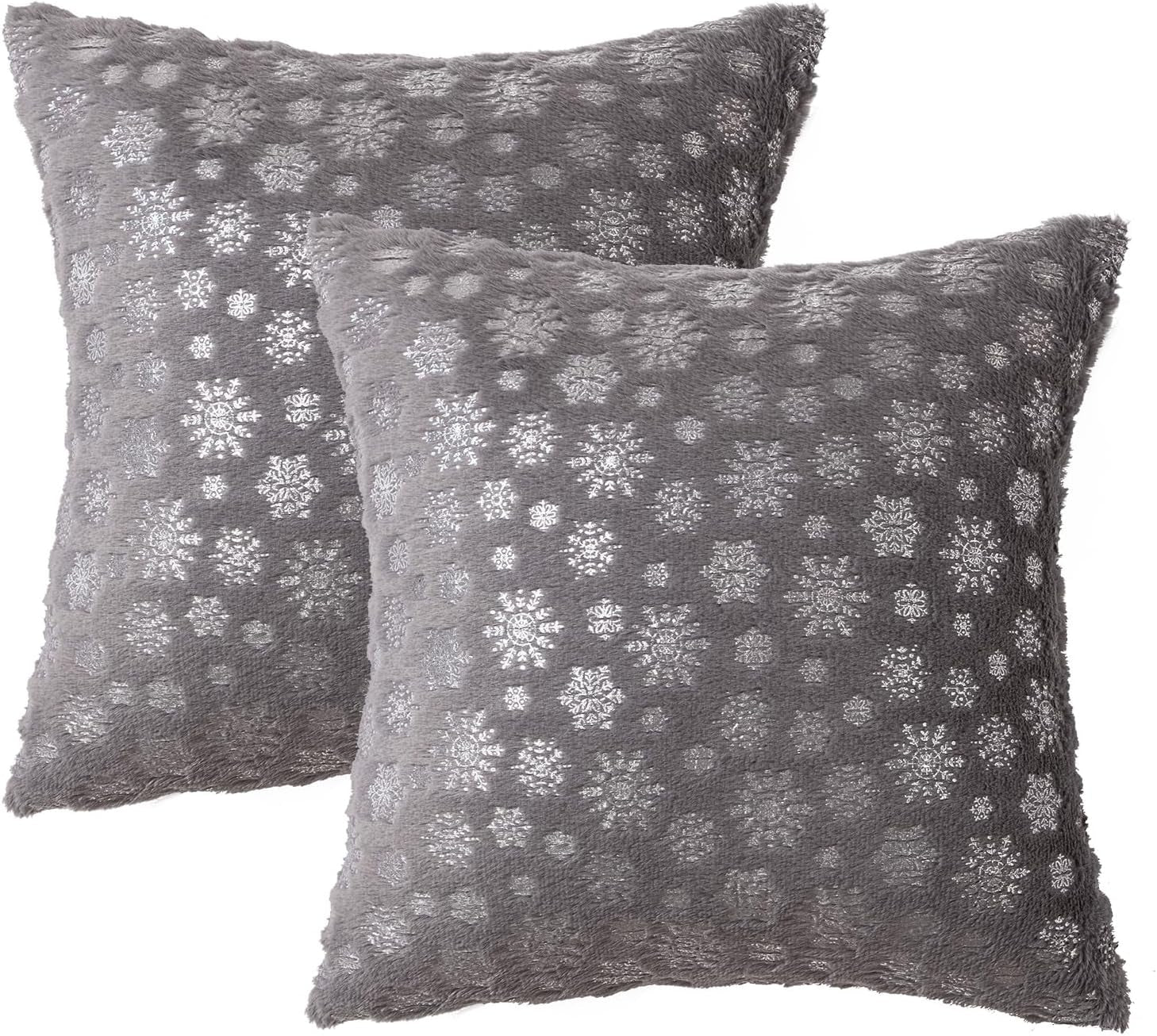 Christmas Grey Throw Pillow Covers Set of 2 Snowflakes Decorative Winter Couch Pillowcases 18×18 Inch Soft Plush Faux Fur Farmhouse Home Holiday Festival Decors for Sofa Living Room Bed