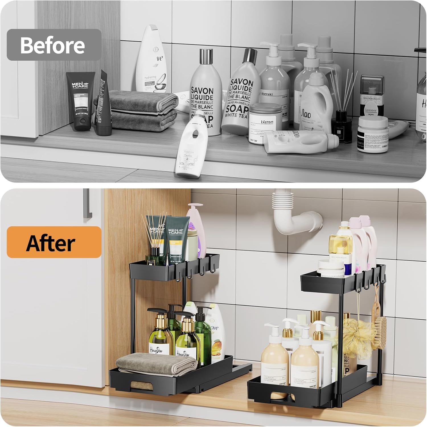2 Pack under Sink Organizers and Storage, 2 Tier Pull Out Bathroom Cabinet Organizer, L-Shape Black under Bathroom Kitchen Sink Organizer with Drawer for under Sink Storage Organizer