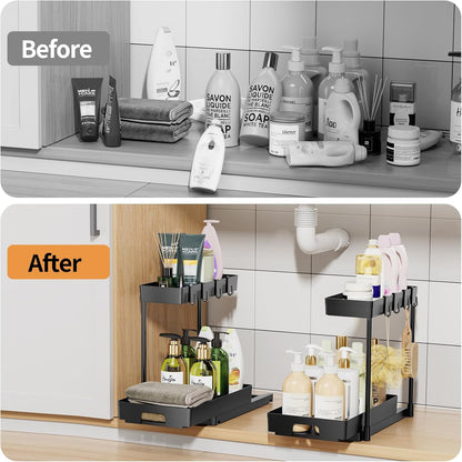 2 Pack under Sink Organizers and Storage, 2 Tier Pull Out Bathroom Cabinet Organizer, L-Shape Black under Bathroom Kitchen Sink Organizer with Drawer for under Sink Storage Organizer
