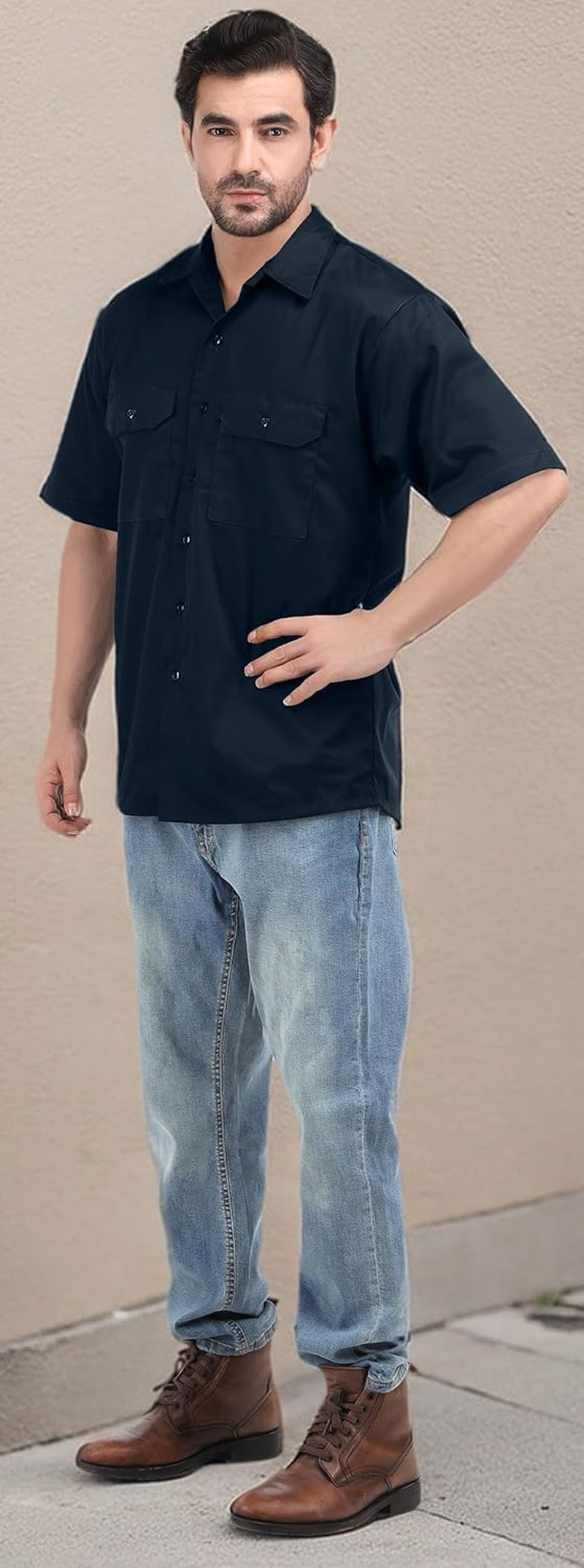Men'S Work Shirt Two Pockets Short Sleeve Durable Work Wear