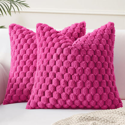 Hot Pink Faux Fur Decorative Throw Pillow Covers 18X18 Inch Set of 2 Super Soft Cozy Plush Cushion Cases Luxury Fluffy Pillowcases for Sofa Couch Bed Living Room
