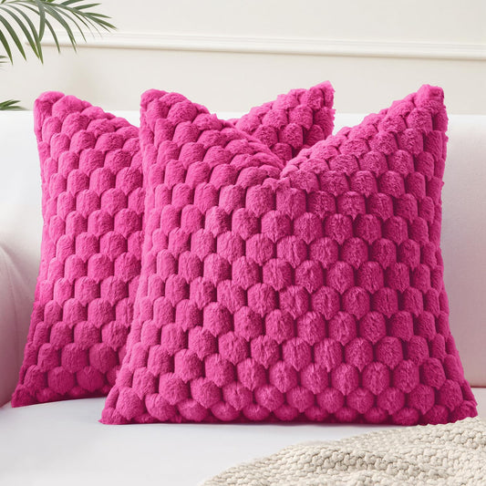 Hot Pink Faux Fur Decorative Throw Pillow Covers 18X18 Inch Set of 2 Super Soft Cozy Plush Cushion Cases Luxury Fluffy Pillowcases for Sofa Couch Bed Living Room