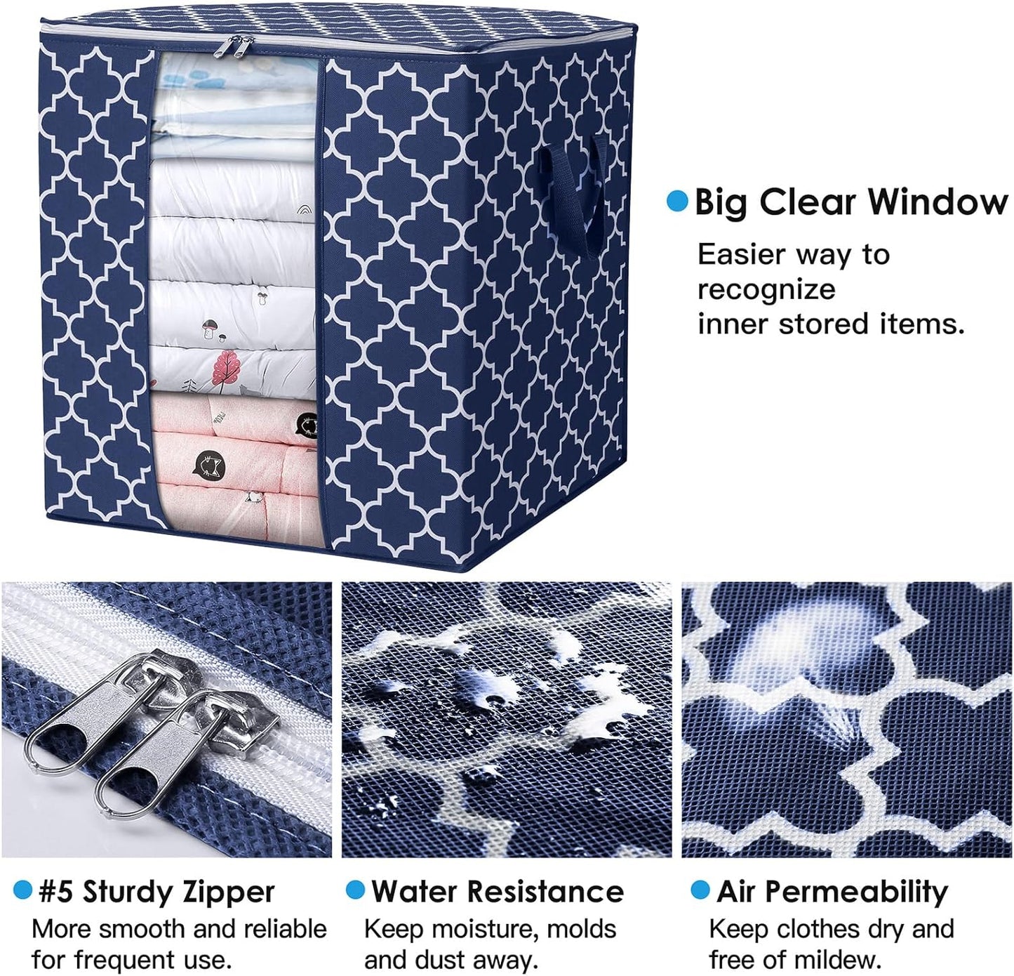 Storage Bags 3 Pack/100L Large Blanket Clothes Organization and Storage Containers for Comforters,Bedding, Foldable Organizer with Reinforced Handle, Clear Window, Sturdy Zippers,Blue