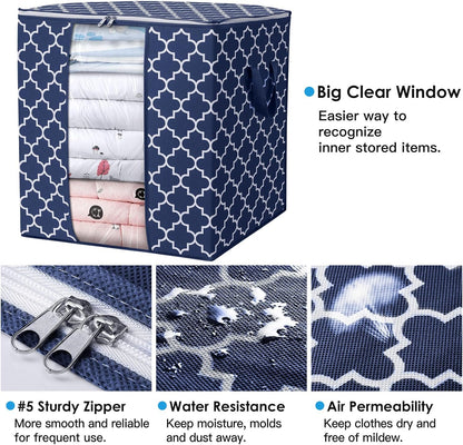 Storage Bags 3 Pack/100L Large Blanket Clothes Organization and Storage Containers for Comforters,Bedding, Foldable Organizer with Reinforced Handle, Clear Window, Sturdy Zippers,Blue