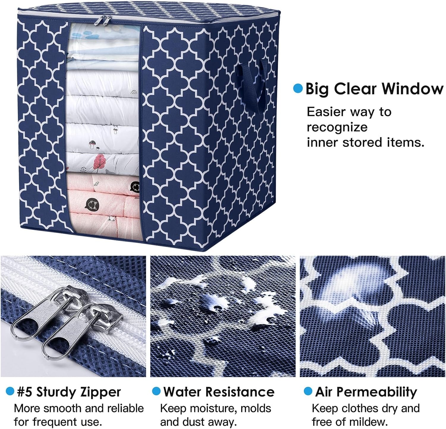 Storage Bags 2 Pack/100L Large Blanket Clothes Organization and Storage Containers for Comforters,Bedding, Foldable Organizer with Reinforced Handle, Clear Window, Sturdy Zippers,Blue
