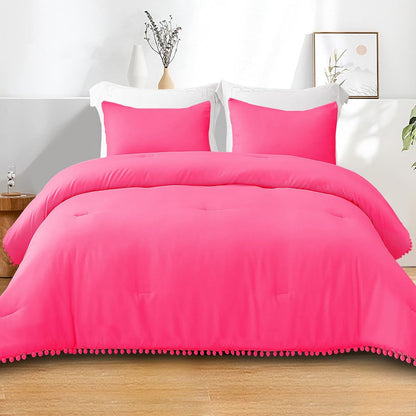 Bohemian Pom Pom Ball Fringe Queen Comforter Set, 3-Piece Lightweight Down Alternative Bedding for All Seasons in Hot Pink