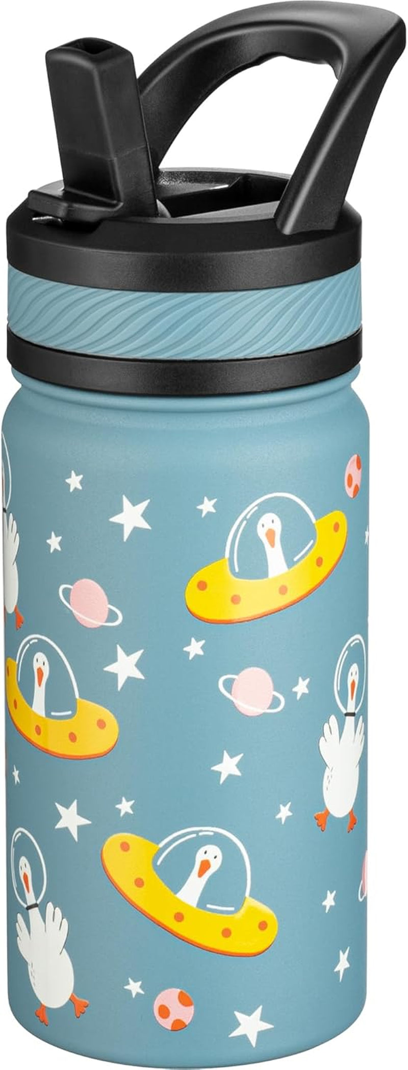 14 Oz Kids Insulated Water Bottle with Straw - Stainless Steel Double Wall Vacuum Cup, Leakproof, BPA Free, Suitable for Boys and Girls(Cyan - Duck in Space)