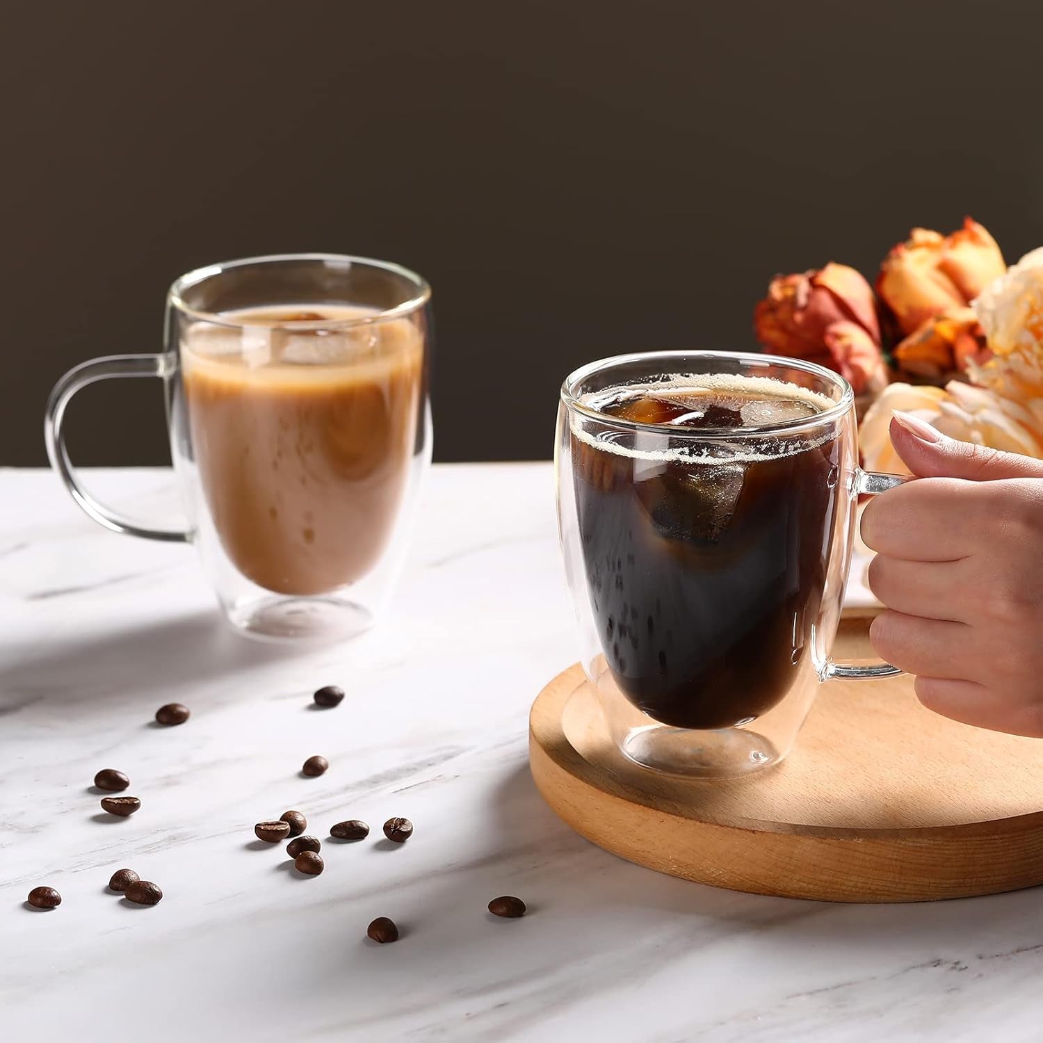 4-Pack 12 Oz Double Walled Glass Coffee Mugs with Handle, Insulated Layer Coffee Cups, Clear Borosilicate Glass Mugs, Gift for Cappuccino,Tea,Latte,Espresso,Hot Beverage,Wine, Microwave Safe, Set of 4