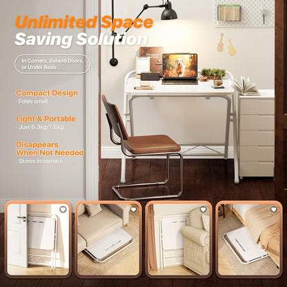 Folding Desk with Adjustable Height and Tablet Slot, 24-Inch Space-Saving Computer Desk for Home Office, Bedroom, and Study, White