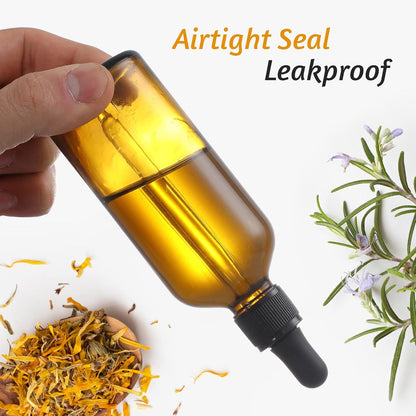 4 Pack, 100Ml Dropper Bottles with 1 Funnel & 4 Labels - Essential Oils Bottles for Health, Personal Care & Beauty - 3.4Oz Thick Dark Amber Glass Tincture Bottle with Eye Droppers, Leakproof