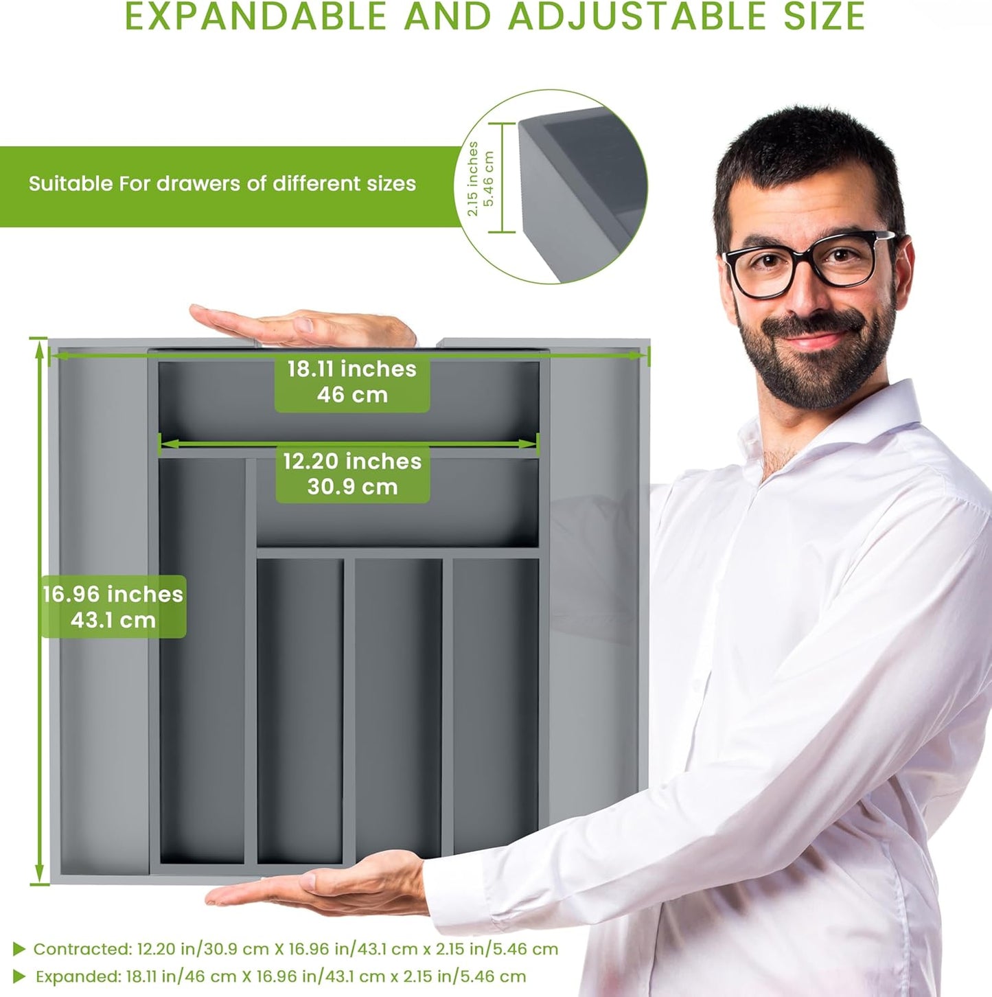 Expandable Bamboo Utensil Drawer Organizer, Silverware Organizer for Cutlery, Utensils, Flatware Holder (6-8 Slots, Grey) Pack of 1