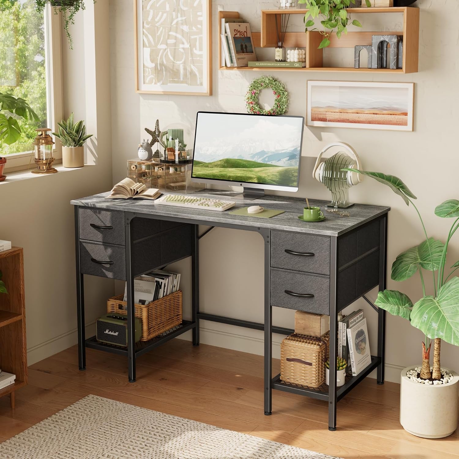 47-Inch Executive Computer Desk with Four Drawers and Mesh Shelf - Versatile Office and Gaming Workstation for Home, Study, and Bedroom, Grey