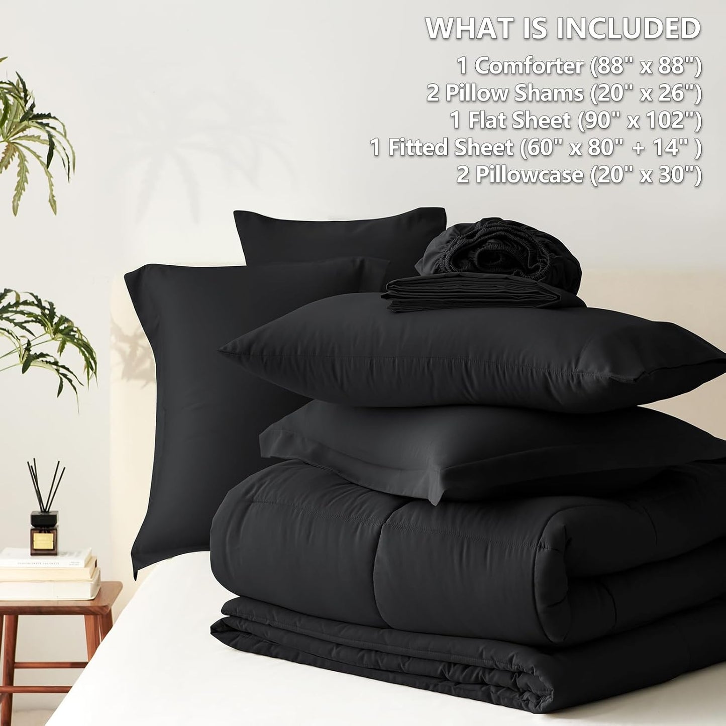 Black Queen Comforter Set with Sheets - 7 Pieces Bed in a Bag Queen Bedding Sets, All Season Soft 7PC Bed Set with Black Comforter, Flat Sheet, Fitted Sheet, Pillowcases & Pillow Shams