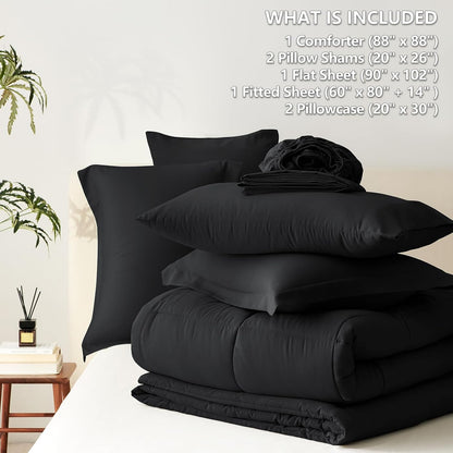 Black Queen Comforter Set with Sheets - 7 Pieces Bed in a Bag Queen Bedding Sets, All Season Soft 7PC Bed Set with Black Comforter, Flat Sheet, Fitted Sheet, Pillowcases & Pillow Shams