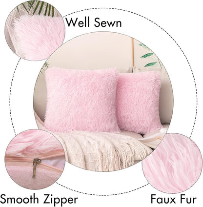 Pack of 2 Luxury Faux Fur Throw Pillow Cover Deluxe Spring Cute Valentine'S Day Pillow Covers Decorative Plush Pillow Case Cushion Cover Shell for Sofa Bedroom Car 18 X 18 Inch Pink