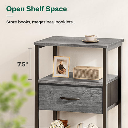 Set of 2 Nightstands with Fabric Drawers and Mesh Shelves, Grey Metal Frame Side Tables for Bedroom Storage