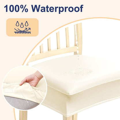 Waterproof Seat Covers for Chairs Set of 2, Stretch Pu Leather Removable Washable Dining Room Chair Seat Slipcovers Protector, No Rear Covers, Beige