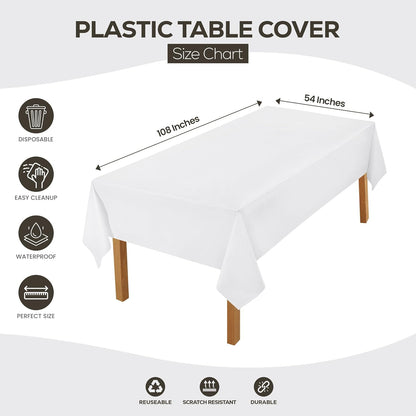 Plastic Table Cloth Disposable (12 Pack - 54X108 Inch) White Rectangle Tablecloth Waterproof Stain Resistant Party Table Cover