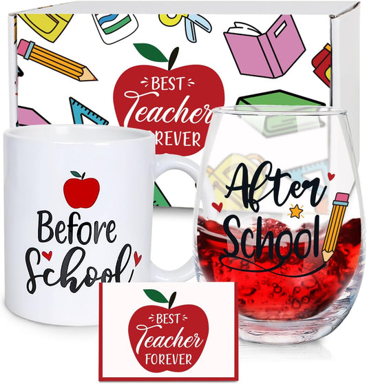 Teacher Appreciation Gifts for Women - 11Oz Coffee Mug & 19Oz Wine Glass, Funny & Thank You Gifts, before & after School Drinks