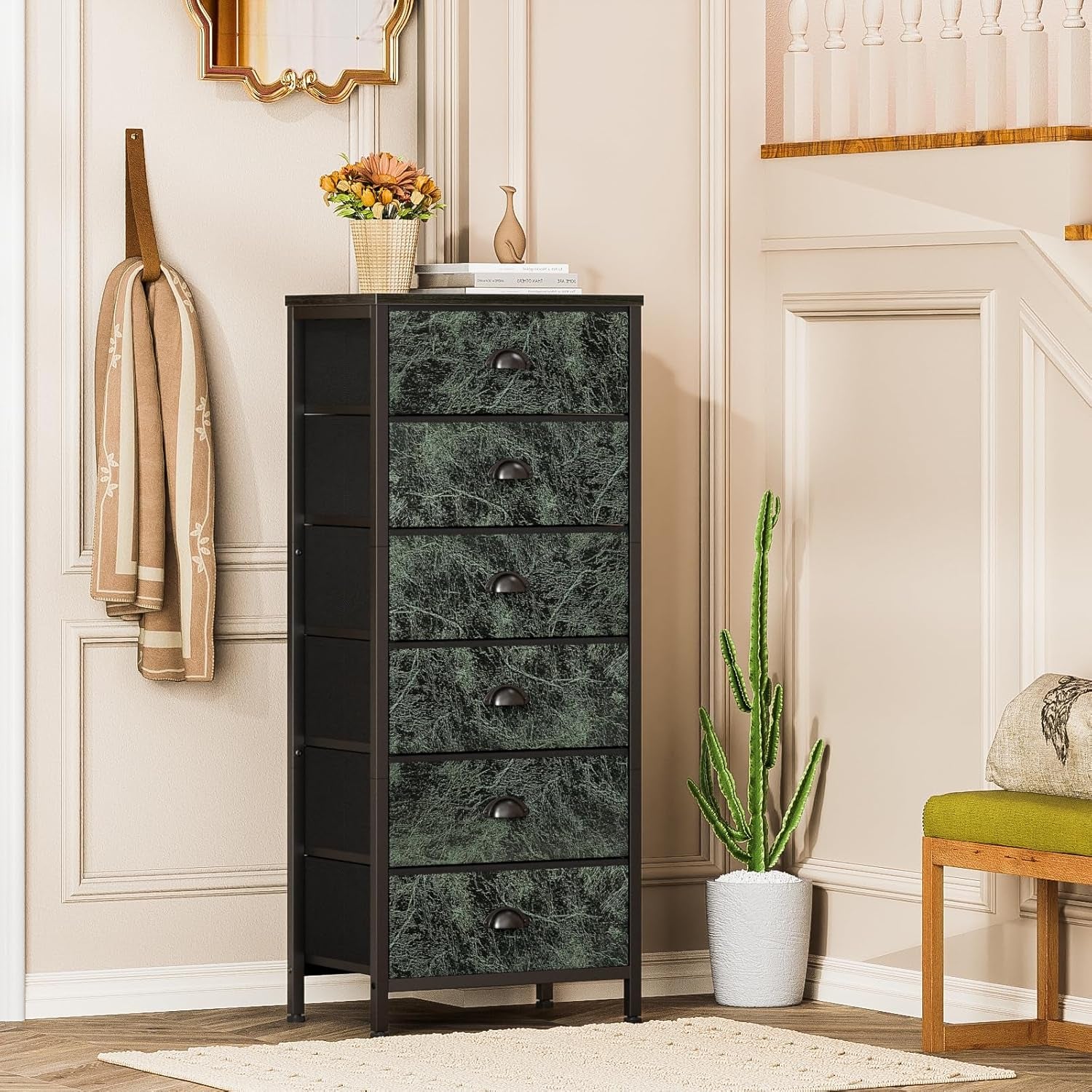 Vertical Dresser with 6 Drawers - Vintage Green Storage Tower Unit for Bedroom, Living Room, and Entryway