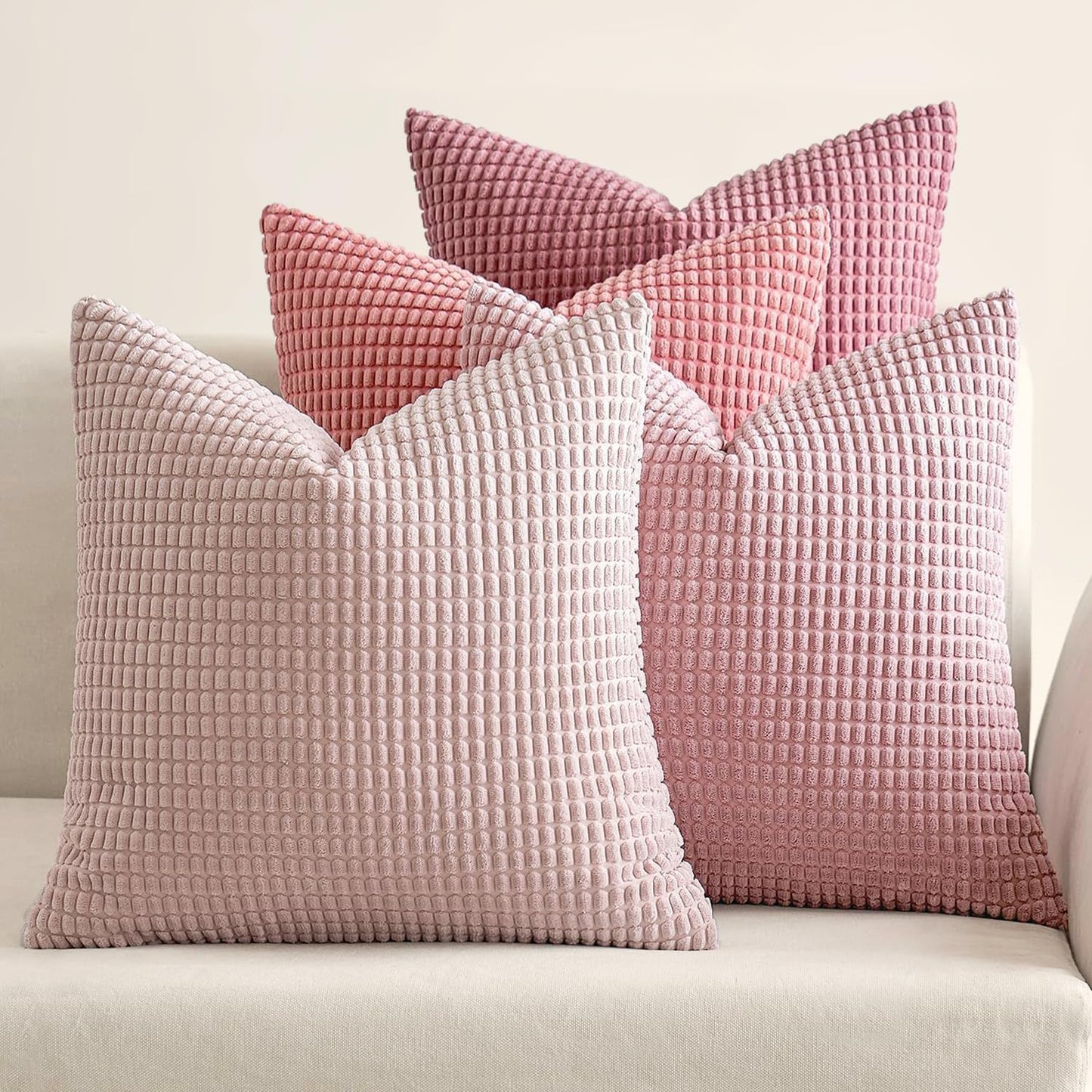 Aesthetic Pink Corduroy Pillow Covers Set of 4 - 18x18 Inch Soft Throw Pillows for Romantic Home Decor, Ideal for Living Room and Bedroom