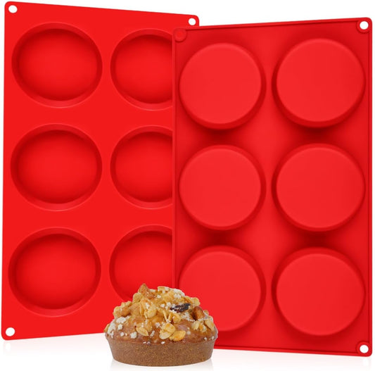 Muffin Top Pan, Silicone Molds for Breakfast Sandwiches, English Muffins, Whoopie Pies, Corn Bread, Egg Bites, Tarts - 2 Pack Red