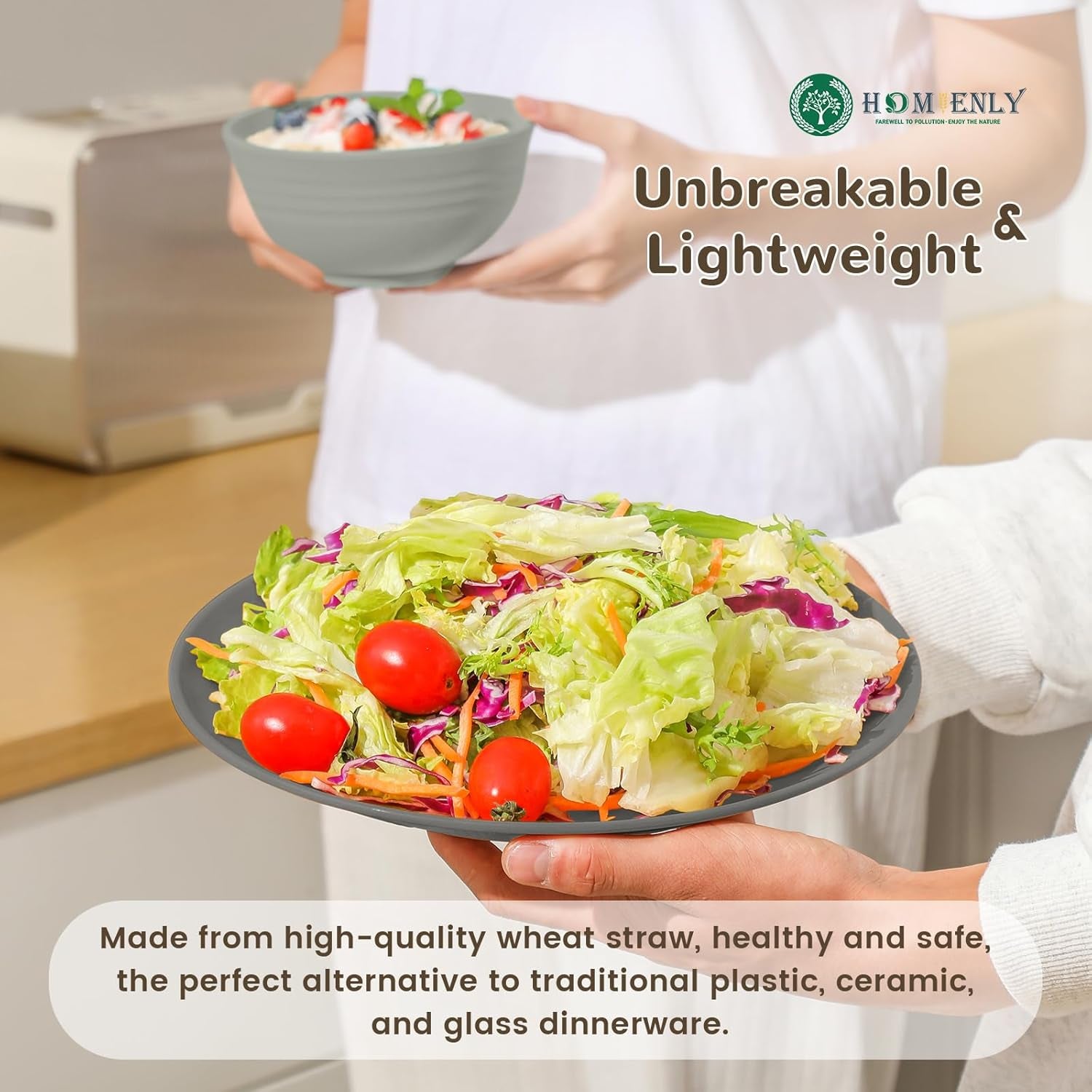 40-Piece Kitchen Wheat Straw Dinnerware Set - Includes Dinner Plates, Cereal Bowls, and Cups, Microwave and Dishwasher Safe, Unbreakable for Parties and Outdoor Use (Grey Stone)