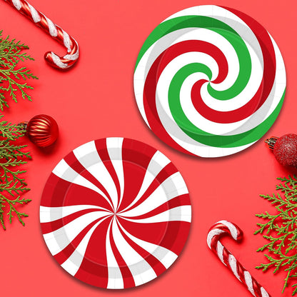 50 PCS Christmas Paper Plates, 9" Christmas Plates Disposable Party Set, 6 Designs Red White Green Candy Design Xmas Dinnerware, Xmas Tableware for Winter Ugly Sweater Party