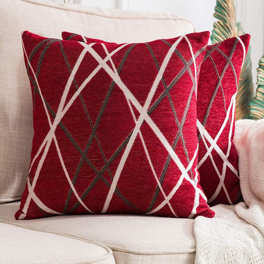 Pack of 2 Decorative Throw Pillow Covers Christmas Woven Textured Chenille Cozy Modern Concise Soft Red Square Cushion Shams for Bedroom Sofa Car 18 X 18 Inch