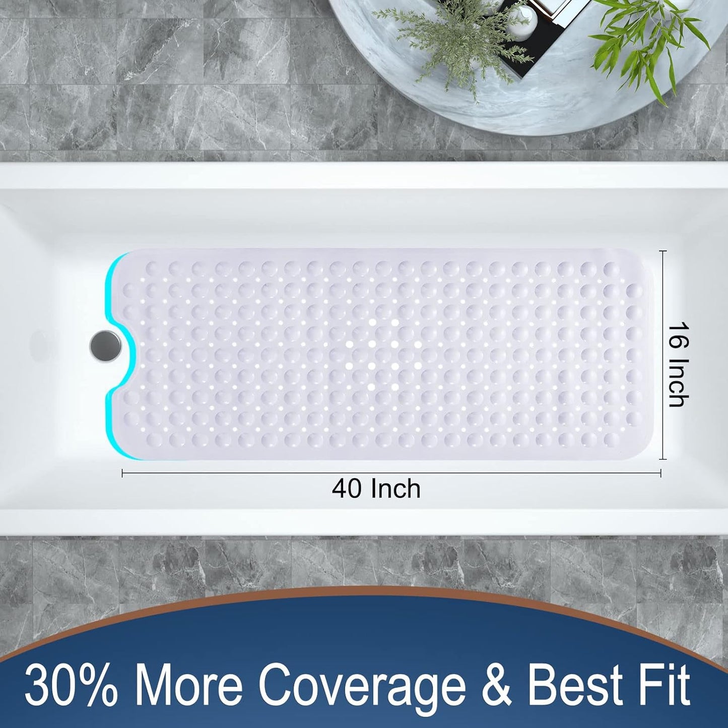 Original Bathtub Mat Non Slip, Extra Long Mat for Tub with Big Suction Cups and Drain Holes, Machine Washable Tub Shower Mats for Bathroom 16 X 40 Inches, Phthalate Latex Free, White