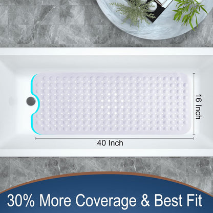 Original Bathtub Mat Non Slip, Extra Long Mat for Tub with Big Suction Cups and Drain Holes, Machine Washable Tub Shower Mats for Bathroom 16 X 40 Inches, Phthalate Latex Free, White