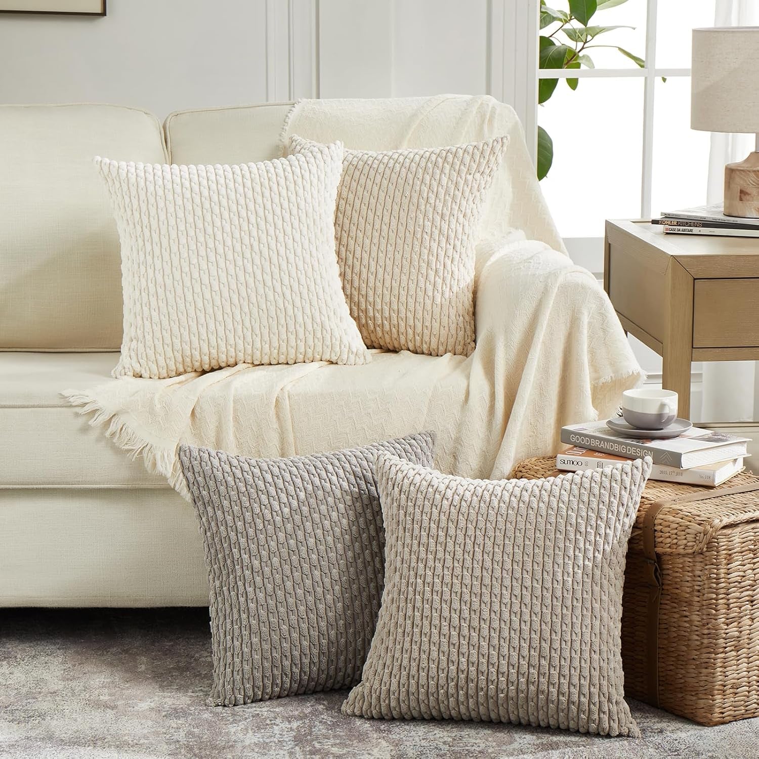 Set of 4 Neutral Taupe Decorative Throw Pillow Covers 18X18 Inch for Couch Bed Sofa Bedroom, Modern Farmhouse Boho Home Decor, Soft Fluffy Textured Corduroy Cute Beige Cushion Case 45X45 Cm