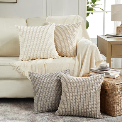 Set of 4 Neutral Taupe Decorative Throw Pillow Covers 18X18 Inch for Couch Bed Sofa Bedroom, Modern Farmhouse Boho Home Decor, Soft Fluffy Textured Corduroy Cute Beige Cushion Case 45X45 Cm