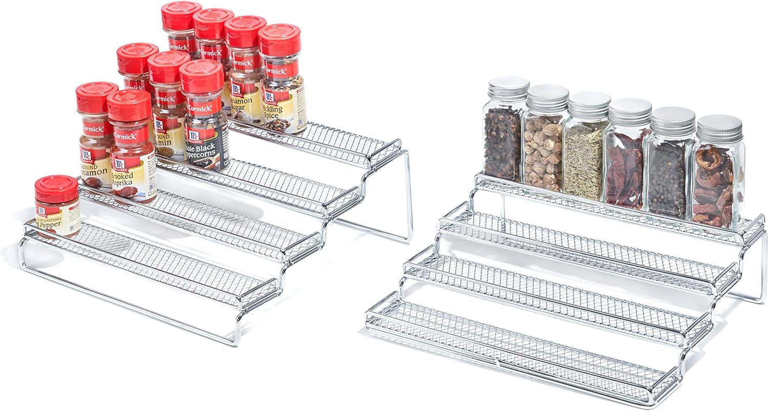 Spice Rack Organizer for Cabinet, 4 Tier Seasoning Organizer, Expandable Shelf,Step Storage Holder, Kitchen Cabinet Countertop,With Protection Railing, Metal (Chrome2 PC)