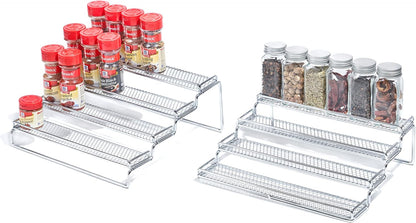 Spice Rack Organizer for Cabinet, 4 Tier Seasoning Organizer, Expandable Shelf,Step Storage Holder, Kitchen Cabinet Countertop,With Protection Railing, Metal (Chrome2 PC)