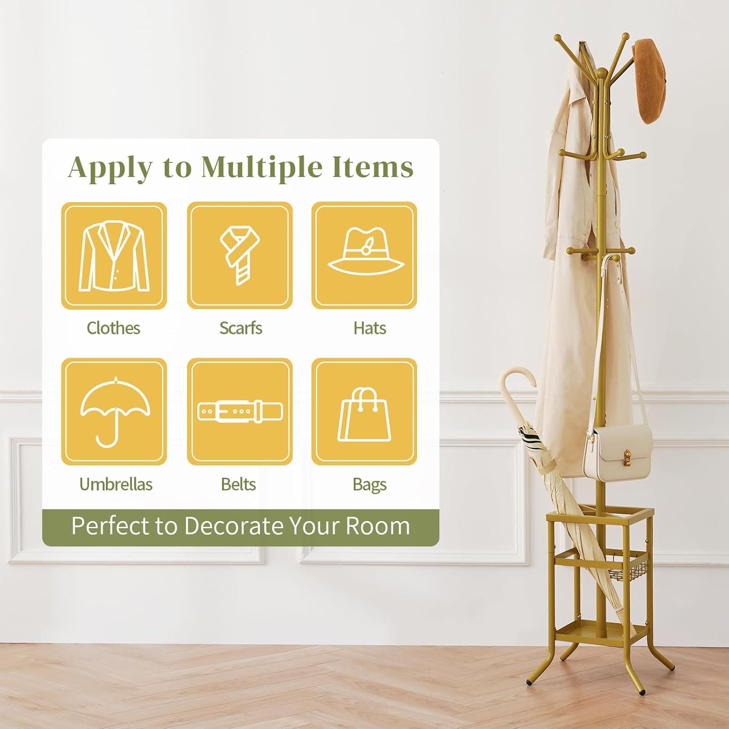 Coat Rack Freestanding, Coat Tree with Umbrella Holder, Metal Coat Rack Stand with 12 Hooks, Modern Coat Hanger Stand for Entryway, Purse Rack Hat Rack Stand for Living Room Bedroom Office