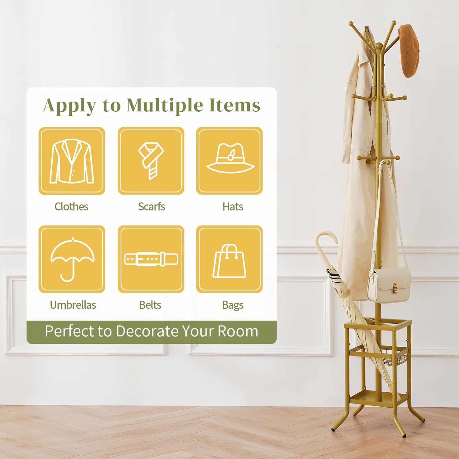 Coat Rack Freestanding, Coat Tree with Umbrella Holder, Metal Coat Rack Stand with 12 Hooks, Modern Coat Hanger Stand for Entryway, Purse Rack Hat Rack Stand for Living Room Bedroom Office