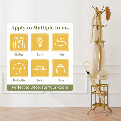 Coat Rack Freestanding, Coat Tree with Umbrella Holder, Metal Coat Rack Stand with 12 Hooks, Modern Coat Hanger Stand for Entryway, Purse Rack Hat Rack Stand for Living Room Bedroom Office