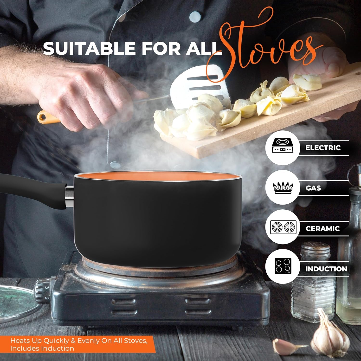 Detachable Handle Nonstick Saucepan with Glass Lid, Multipurpose Use for Home, Kitchen or Restaurant (Copper)