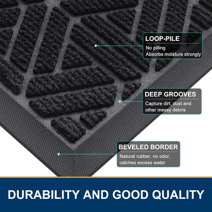 Outdoor Door Mat, Heavy Duty Natural Rubber Mat, 29.5X17 Inch, Grey and Black, 2 Item Bundle