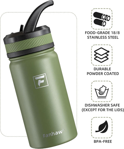 14 Oz Kids Insulated Water Bottle with Straw Lid – Stainless Steel Double Wall Vacuum, Leak-Proof, Bpa-Free Water Bottles for School Boys & Girls(Olive Green)